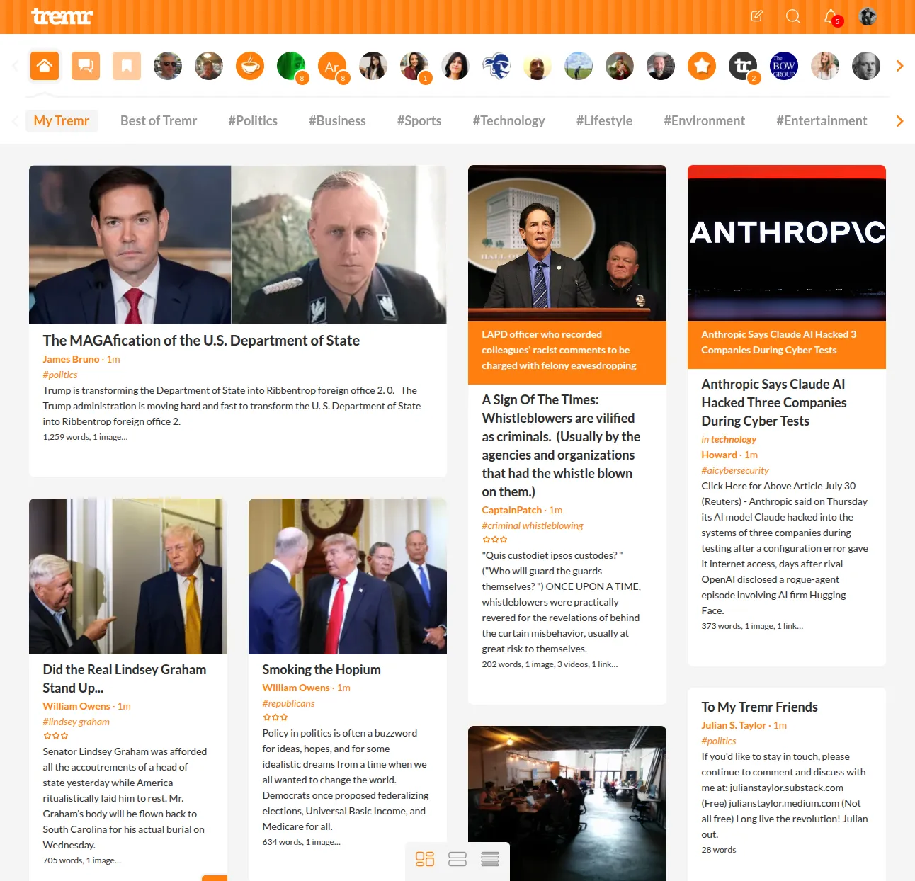 The Tremr homepage displaying articles in a multi-column wall