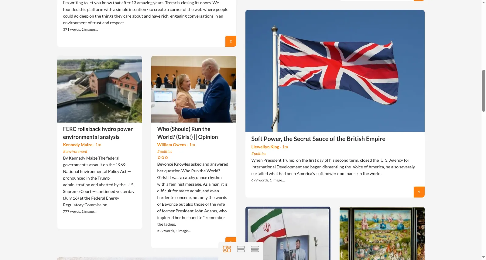 Tremr articles arranged in a multi-column wall of image and text cards