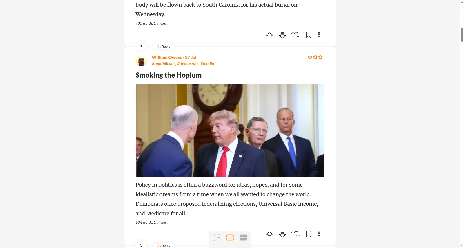 A Tremr feed showing large article cards with excerpts and interaction controls