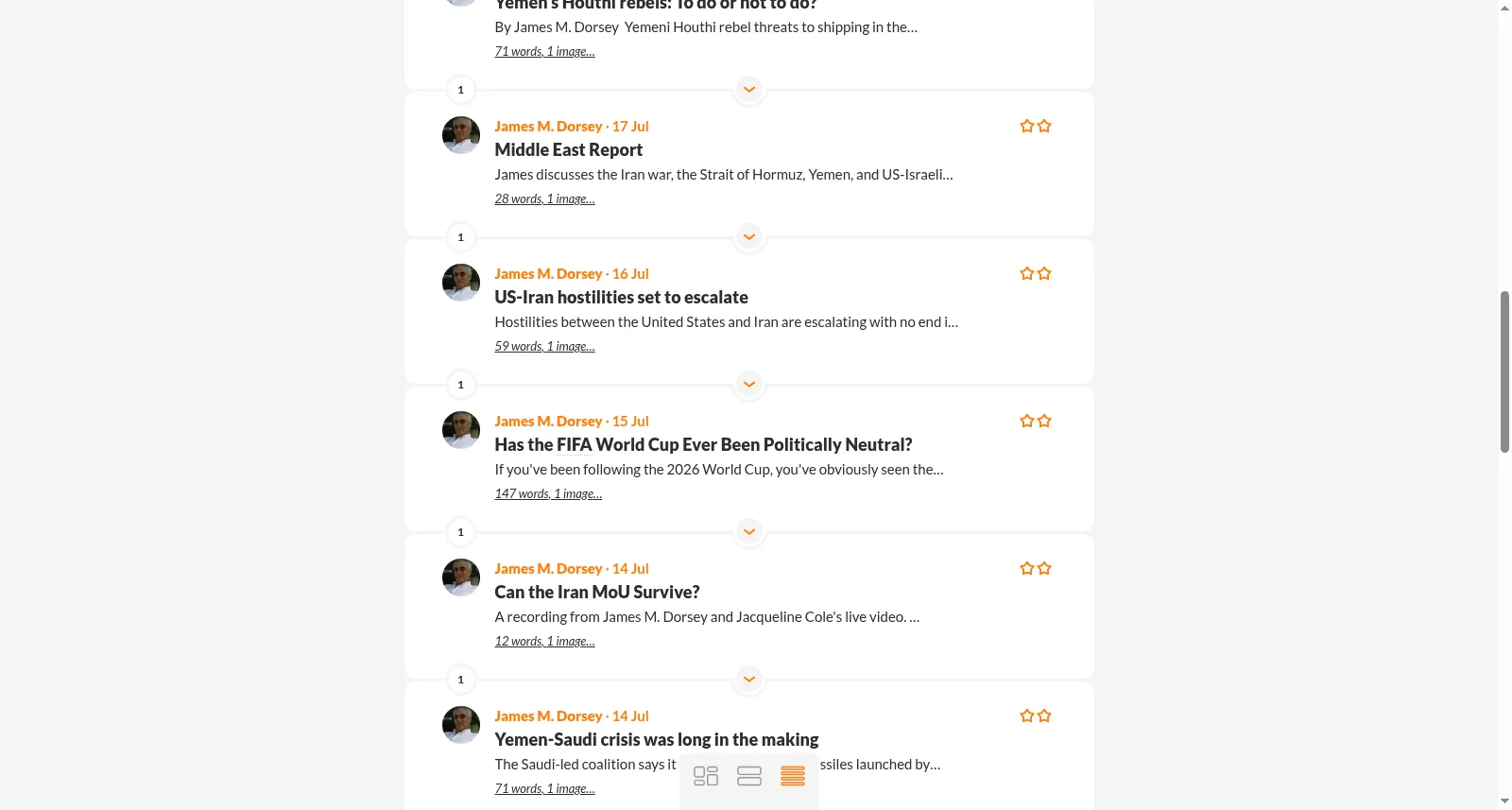A Tremr feed condensed into a chronological list of article rows