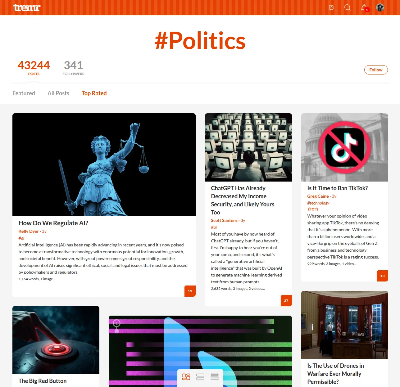 The Tremr Politics topic displaying its top-rated articles in a multi-column wall