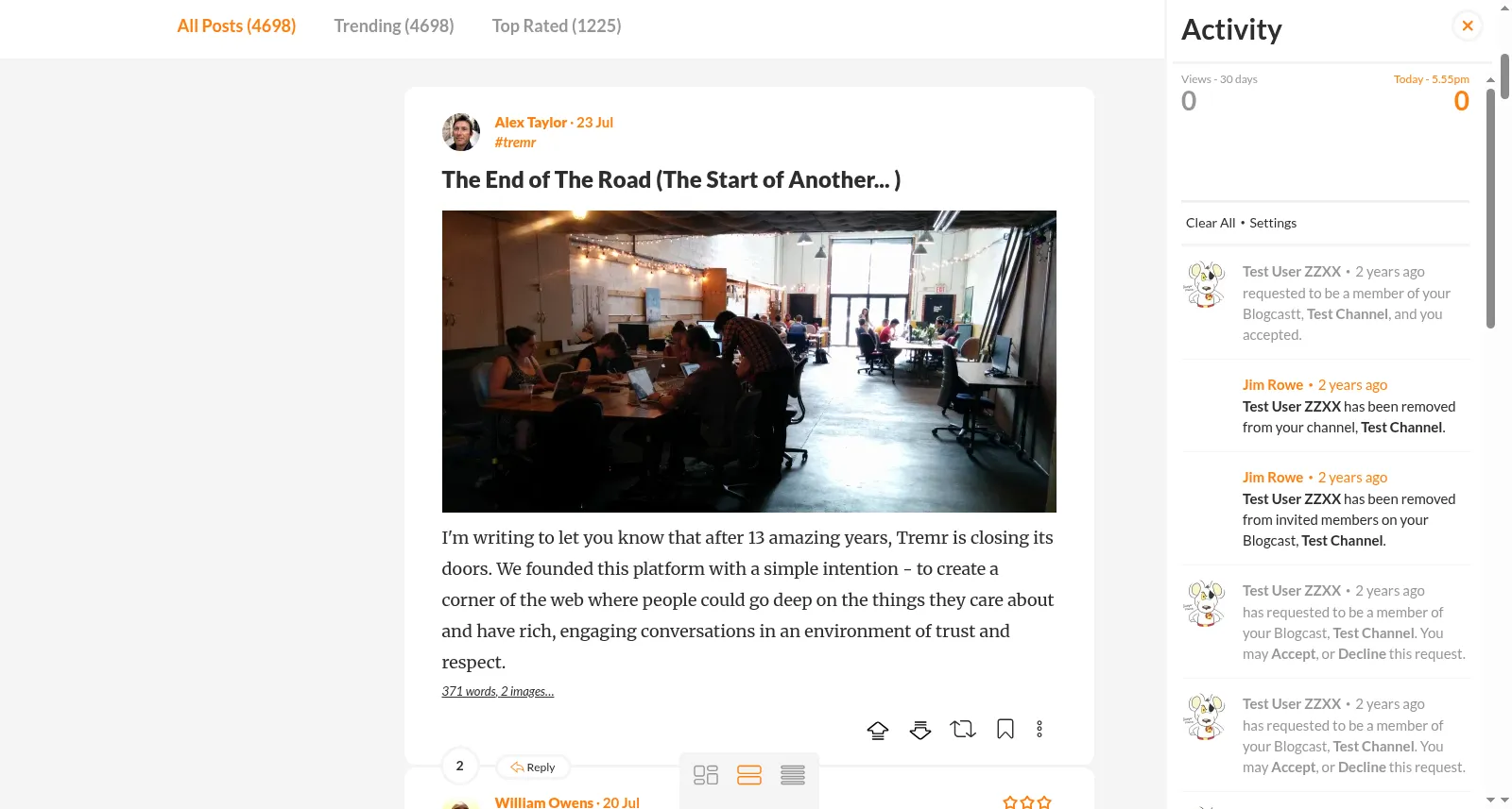 A Tremr article with a live activity and notification panel open beside it