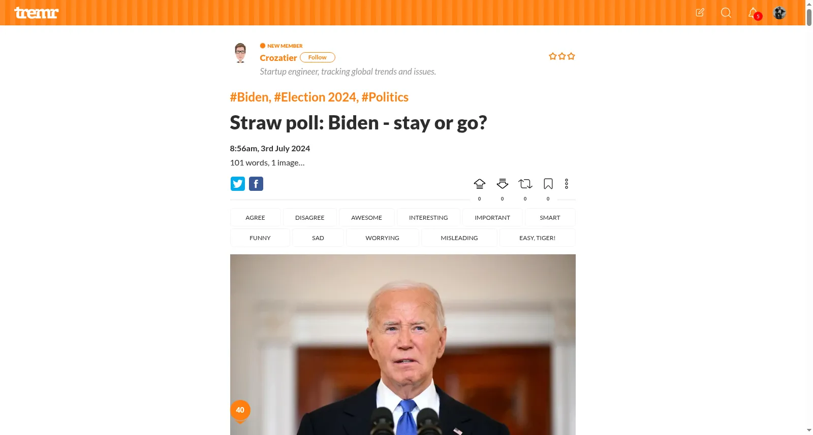 Tremr post controls with graduated voting and reactions such as Important, Smart and Misleading