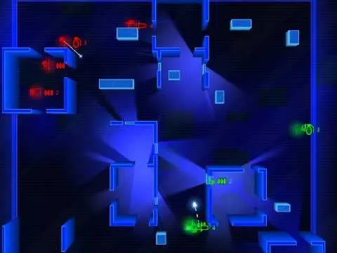 Red units cornered in a room at the top left, a green unit firing from the bottom of the map and another watching the right flank.