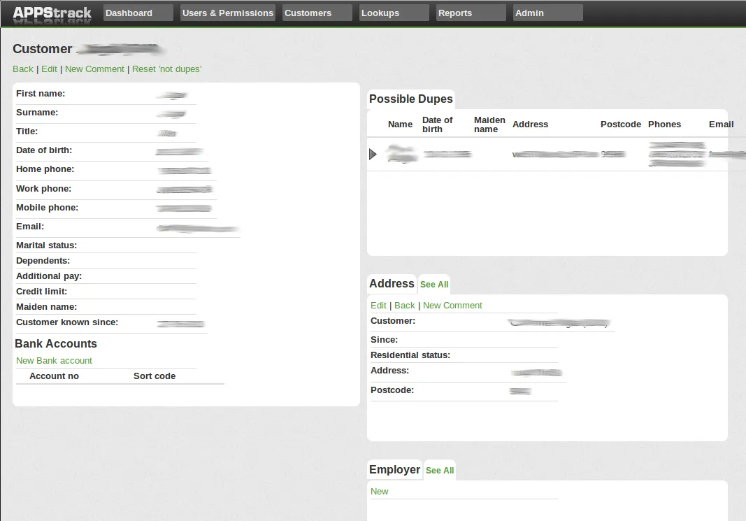 A customer record: personal and contact details on the left, and a possible-duplicate check against existing customers on the right