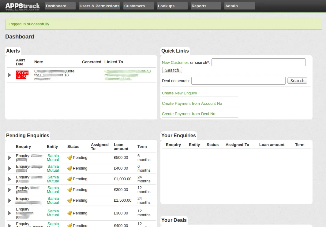 The Appstrack dashboard: alerts due, quick links to search and create records, and tables of pending enquiries, deals and your own open work