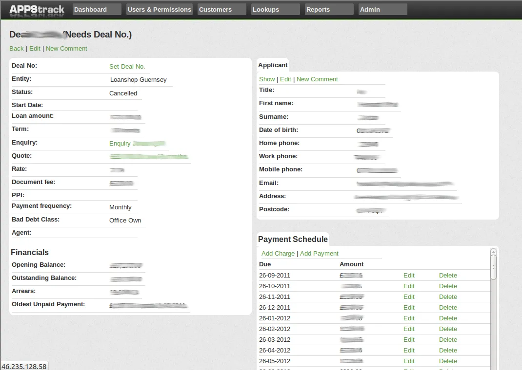 A deal record: loan amount, term and rate, its status and the applicant’s details, next to its payment schedule
