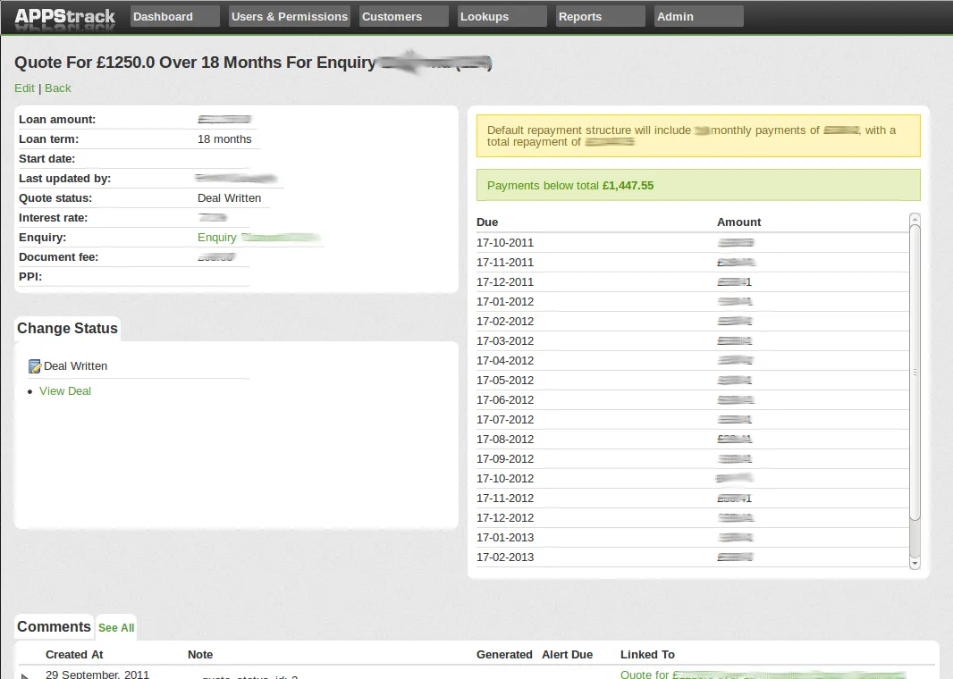 A quote for a loan, showing the proposed repayment structure and the full monthly payment schedule beside it