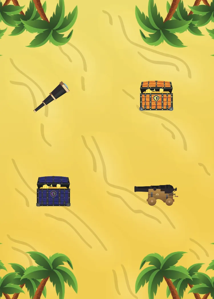 The land face of the card: yellow sand with palm trees at the corners, an orange treasure chest, a purple treasure chest, a spyglass and a cannon spaced across it