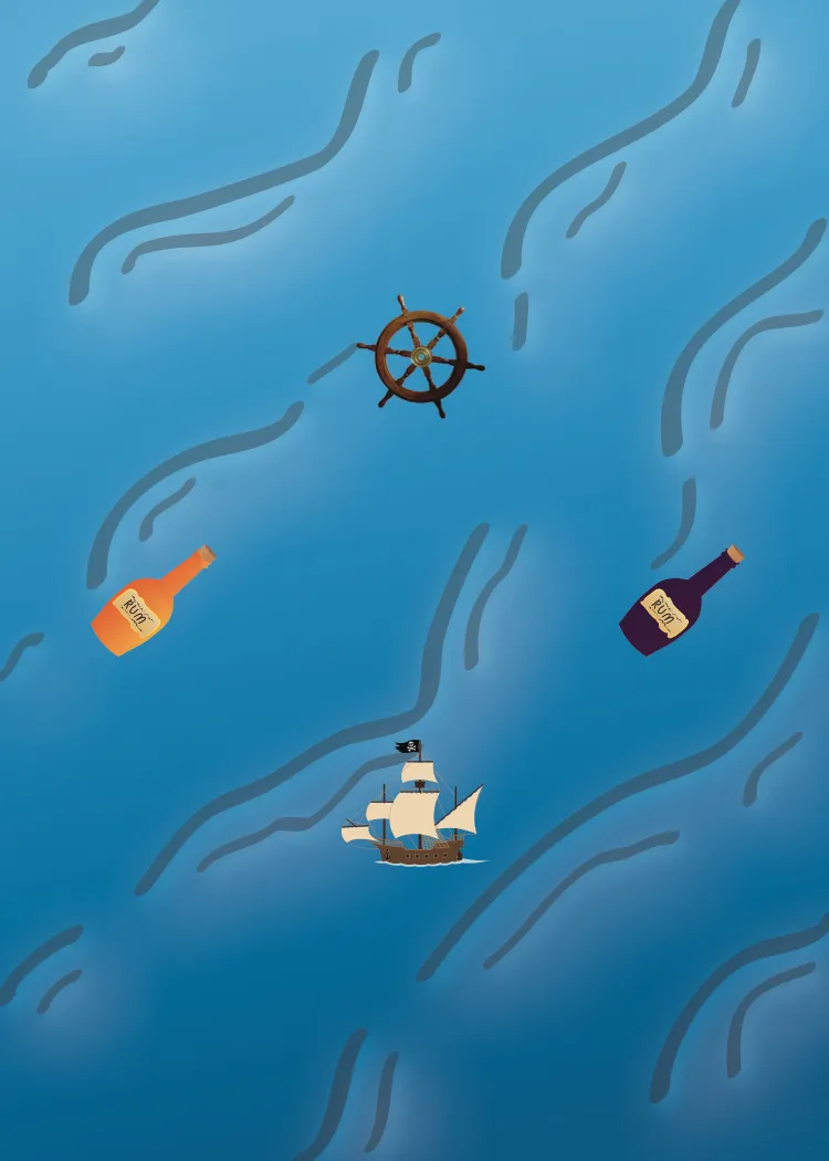 The ocean face of the card: blue water with wave lines, an orange rum bottle, a purple rum bottle, a ship's helm and a galleon