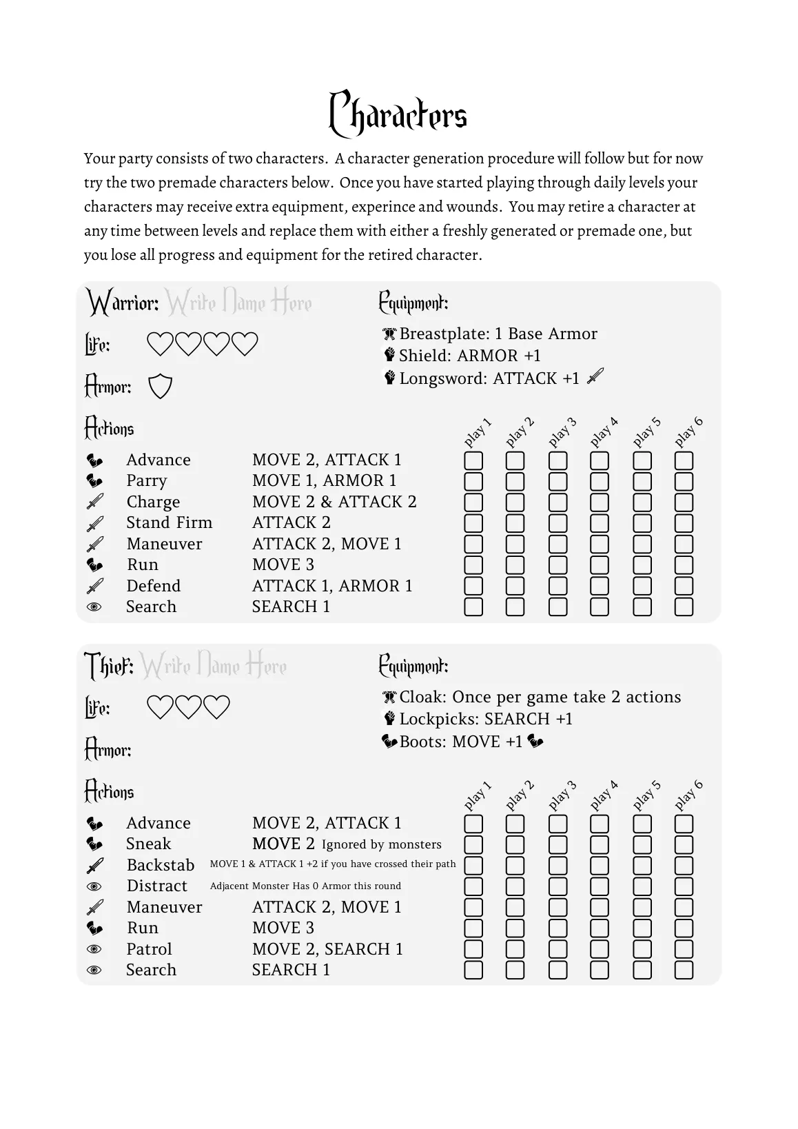 The character sheet: a Warrior and a Thief, each with hearts for life, equipment, eight named actions and a six-column grid of checkboxes to track them across plays