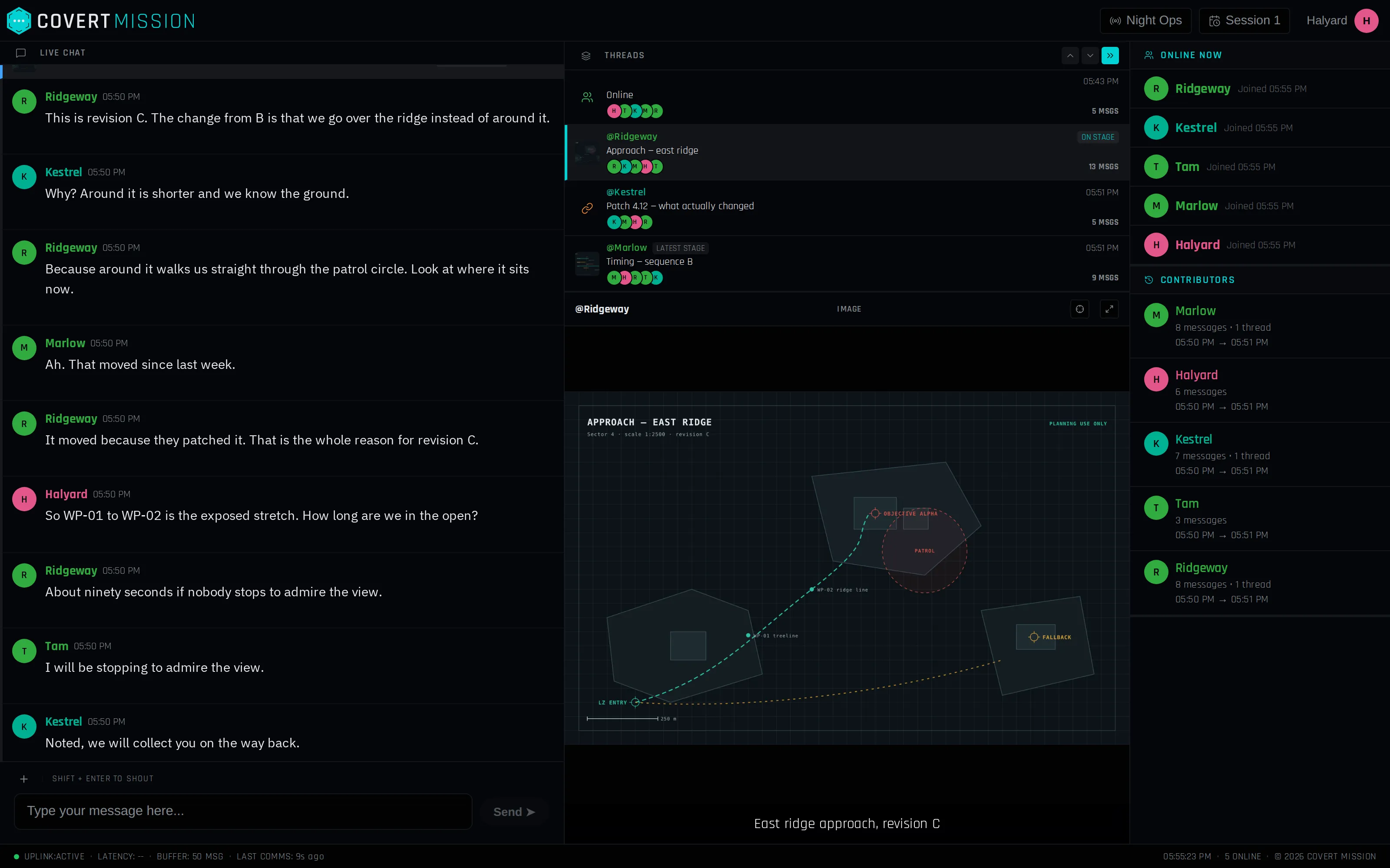 The Covert Mission room: chat on the left, a shared approach map on the Stage in the middle, the thread stack and the roster on the right