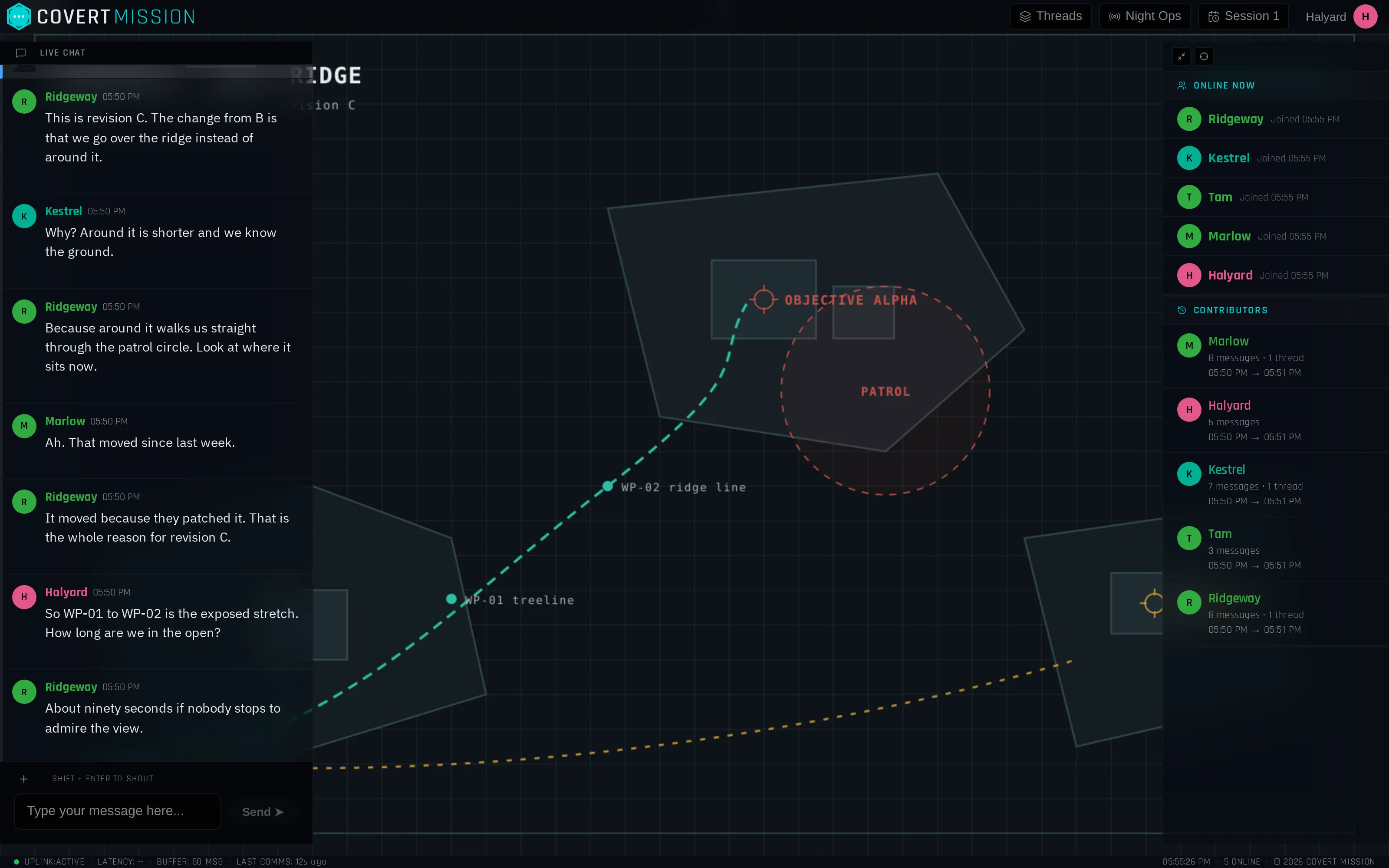 The same map filling the screen, with chat overlaid at the left edge