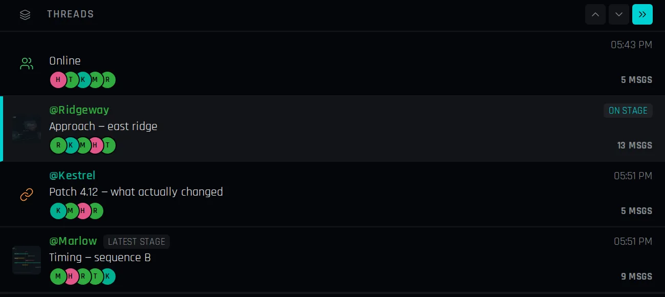 The thread stack, four threads each opened by a change of Stage content