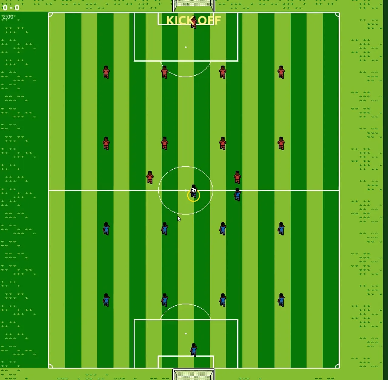Kick-off in the prototype, the full pitch on screen, the score at 0–0 and two minutes on the clock.
