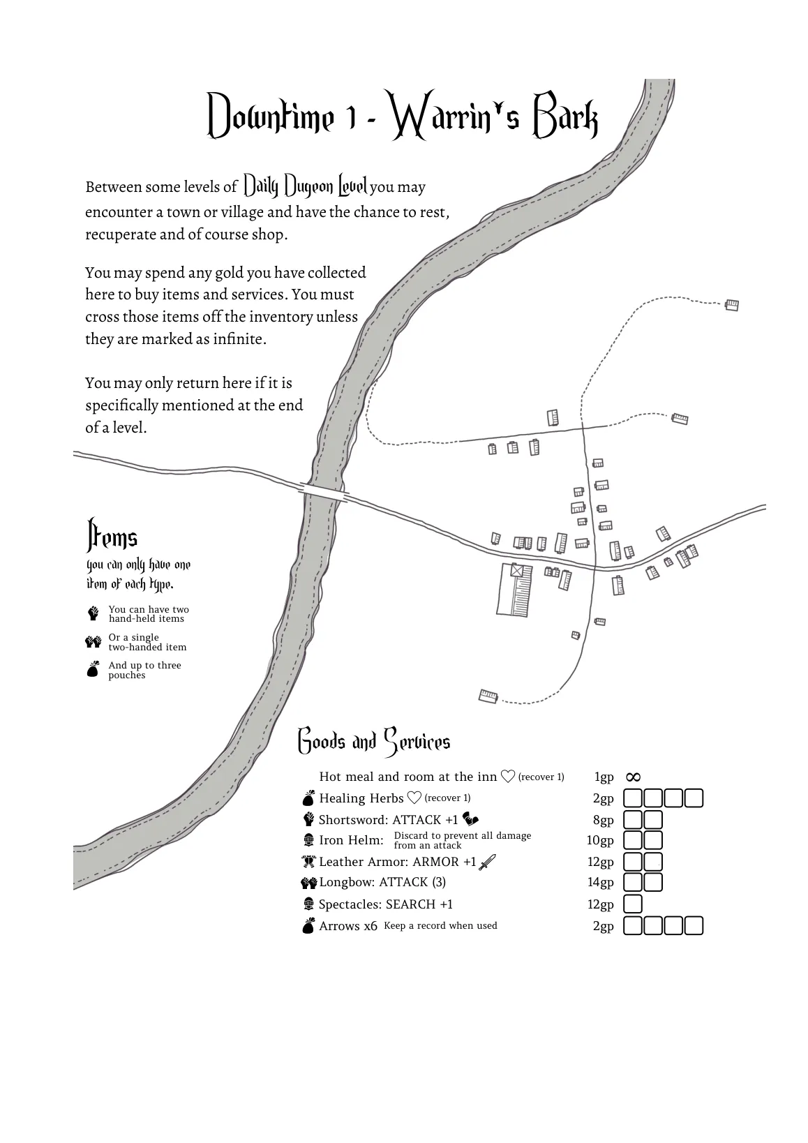 The Downtime 1 sheet for Warrin's Bark, a village map of houses along a road and a river, with a price list of goods and services and tick boxes showing limited stock