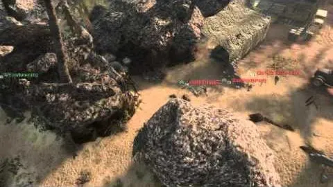 A high view over rocks and sand with three enemy nameplates clustered together in the open.