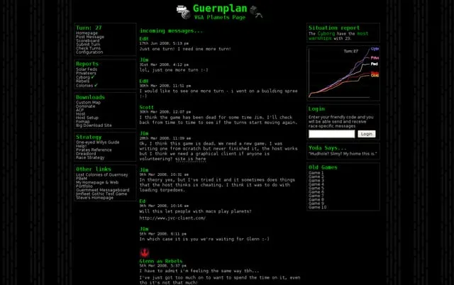 The Guernplan site during game 11, showing the turn counter, the score chart and the situation report.