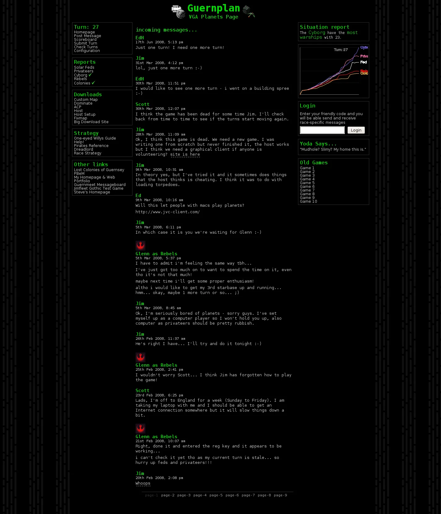 The Guernplan site: a black page with green terminal type, a message board down the middle, navigation and downloads on the left, and a situation report, score chart, friendly-code login and list of old games on the right.