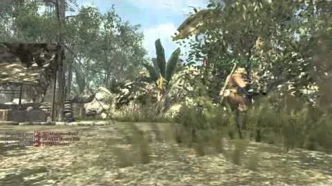 A player running through long grass past thatched huts, the killfeed filling the bottom-left corner.