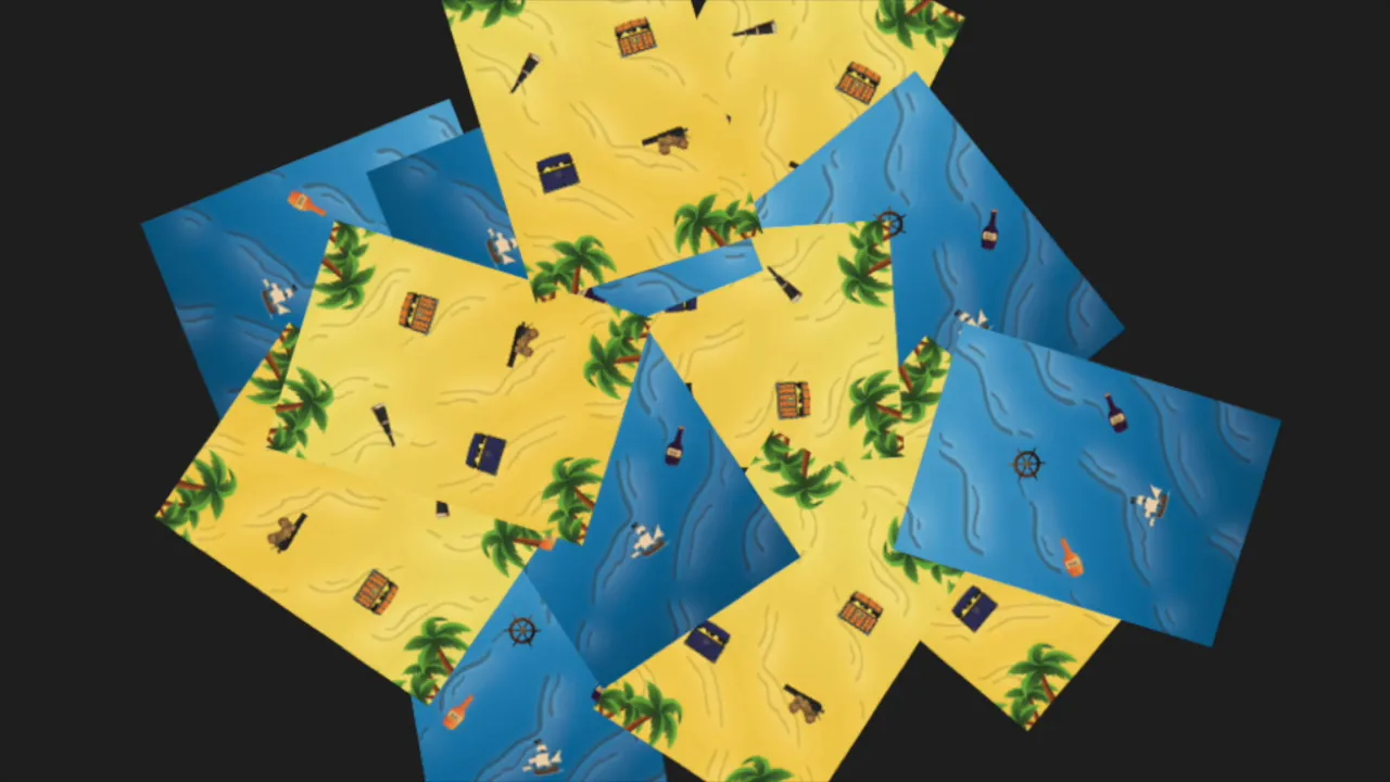 The Island: eleven identical cards dropped into an overlapping heap on black, some sand side up and some ocean side up, at every angle, with treasure chests, rum bottles, cannons, spyglasses, helms and galleons showing between the edges