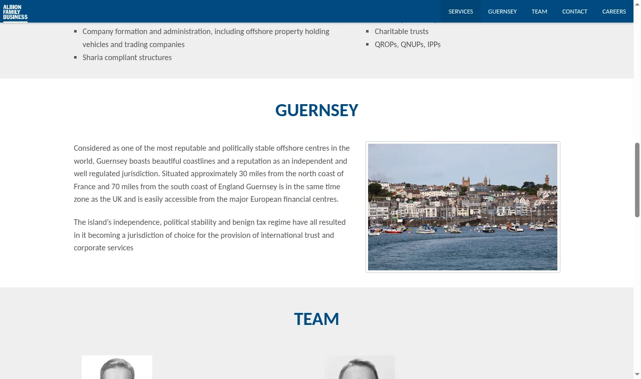 Further down Albion Family Business’s page: the services list, then the Guernsey section with its harbour photograph, then the start of the team grid