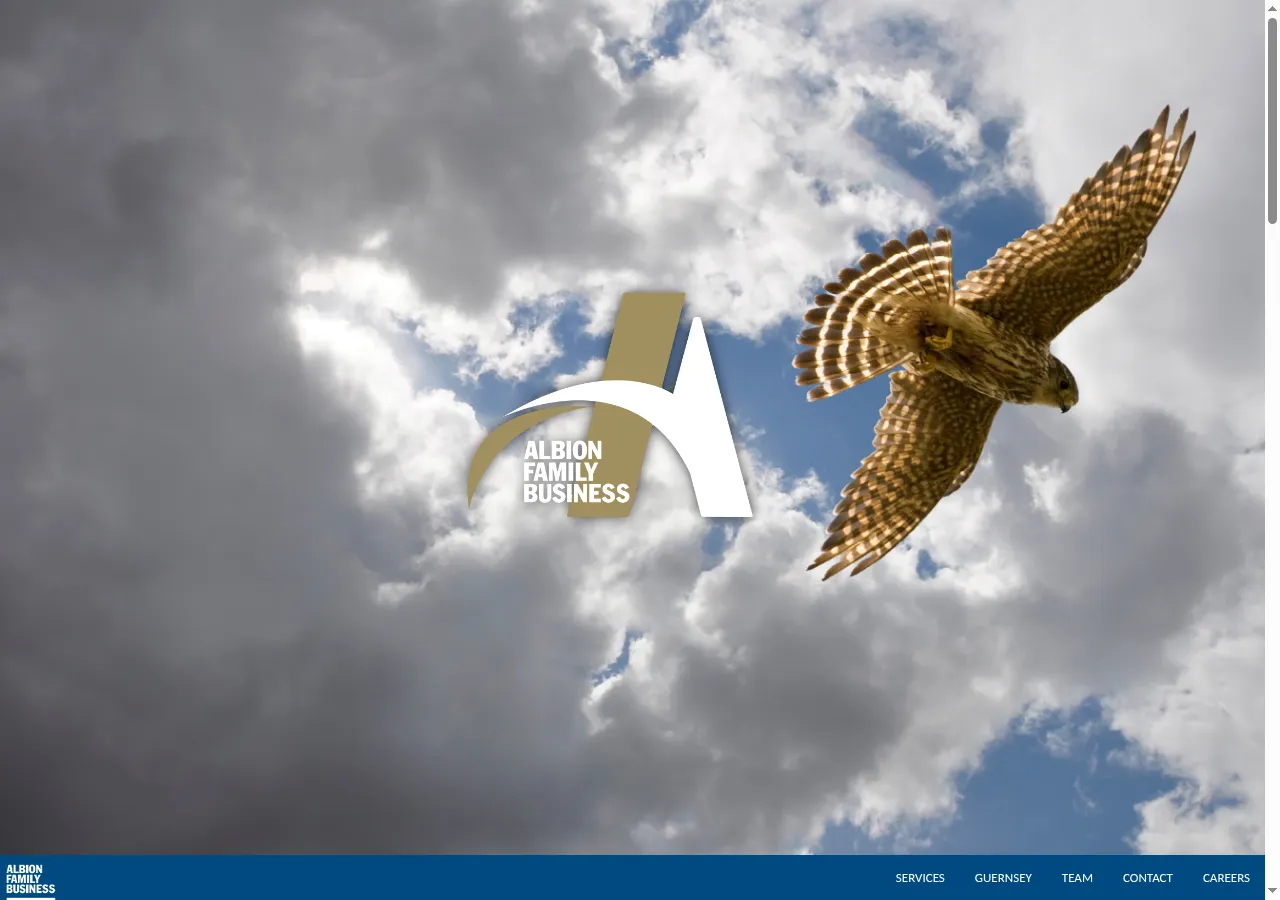 Albion Family Business’s homepage: a kestrel in flight against a cloudy sky over the Albion Family Business logo