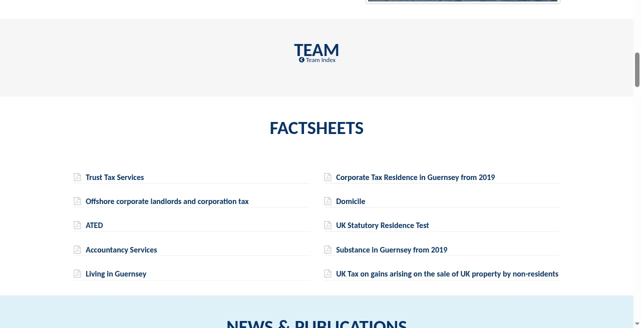 Further down LTS Tax’s page: the factsheets library, two columns of downloadable PDFs on trust tax, domicile, ATED and UK residence