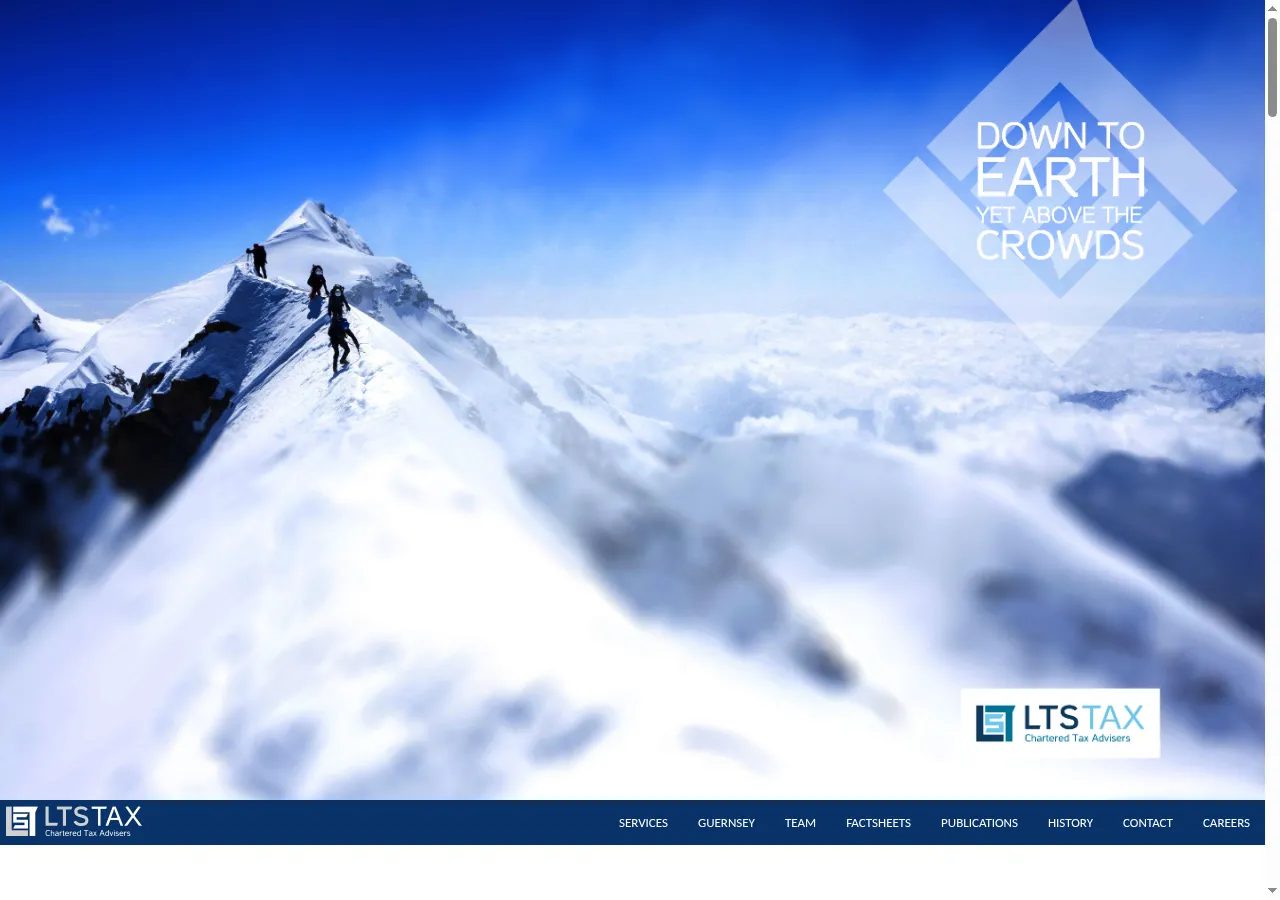 LTS Tax's homepage: a mountain ridge above the clouds under the line "Down to earth, yet above the crowds", with the LTS Tax chartered tax advisers logo