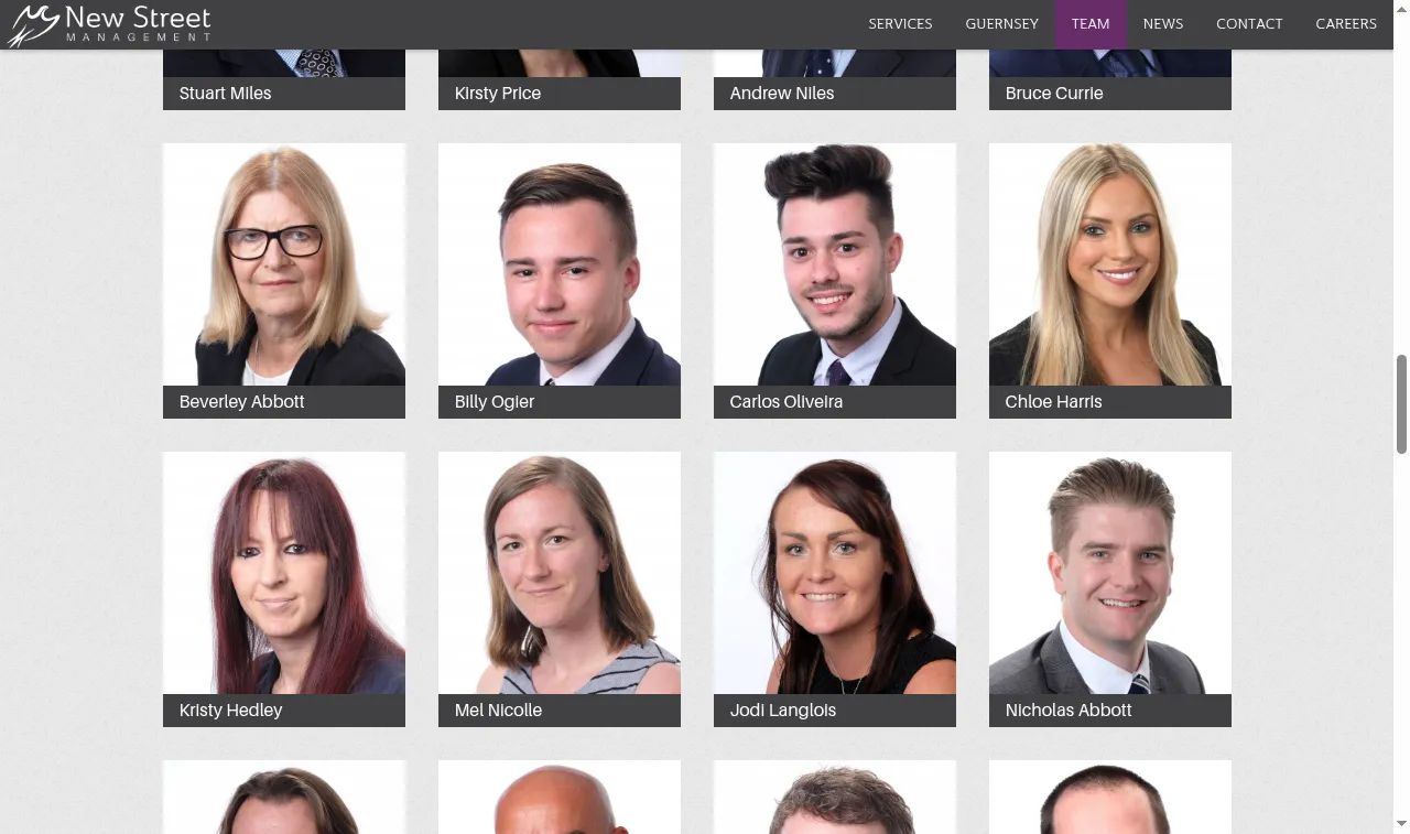 Further down New Street Management’s page: the same services and Guernsey layout as Albion’s, in the brand’s own purple
