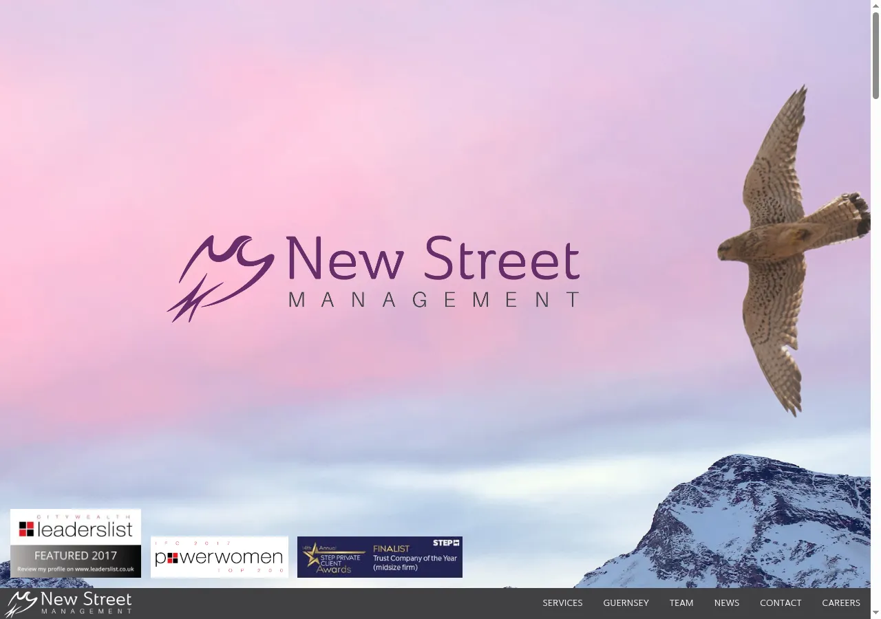 New Street Management’s homepage: a hawk against a dusk sky over the New Street Management logo, with award badges from Citywealth, IFC Powerwomen and STEP