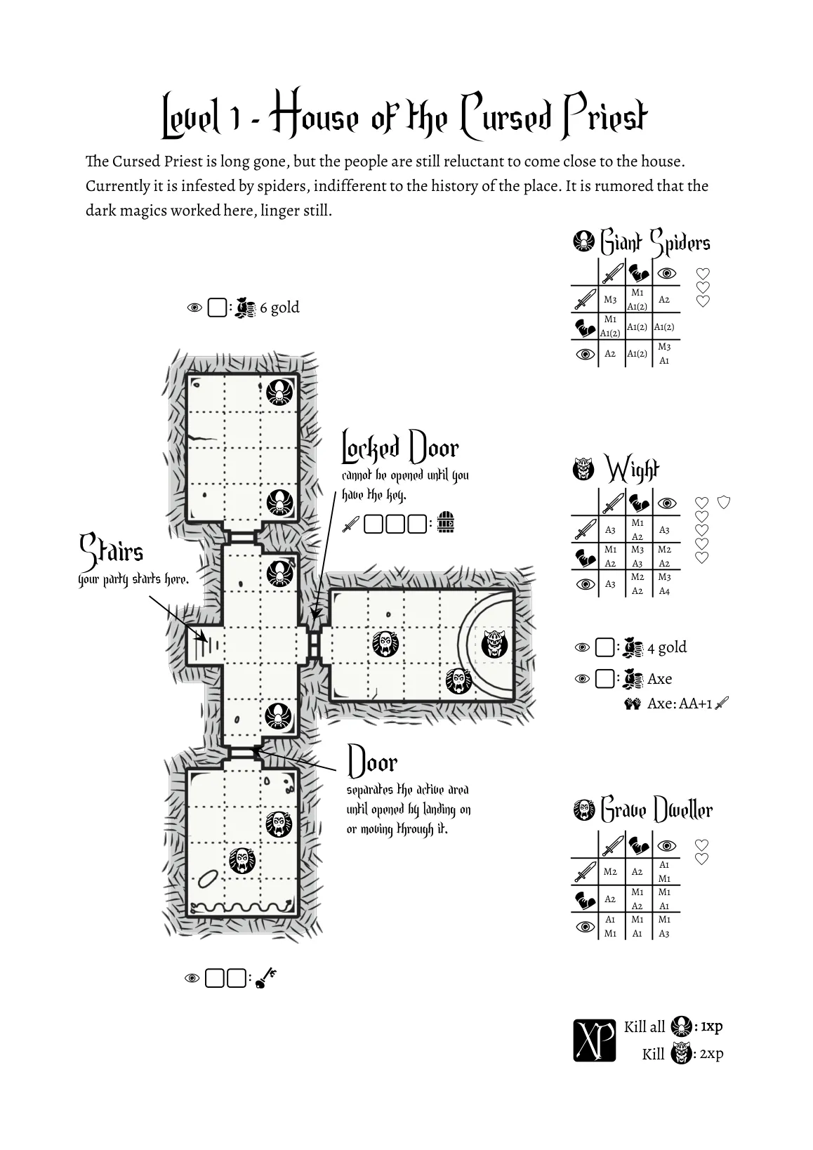 The Level 1 sheet, House of the Cursed Priest: a hand-drawn floorplan of four rooms on a grid, monster icons placed in the squares, and action grids for Giant Spiders, a Wight and a Grave Dweller down the right-hand side
