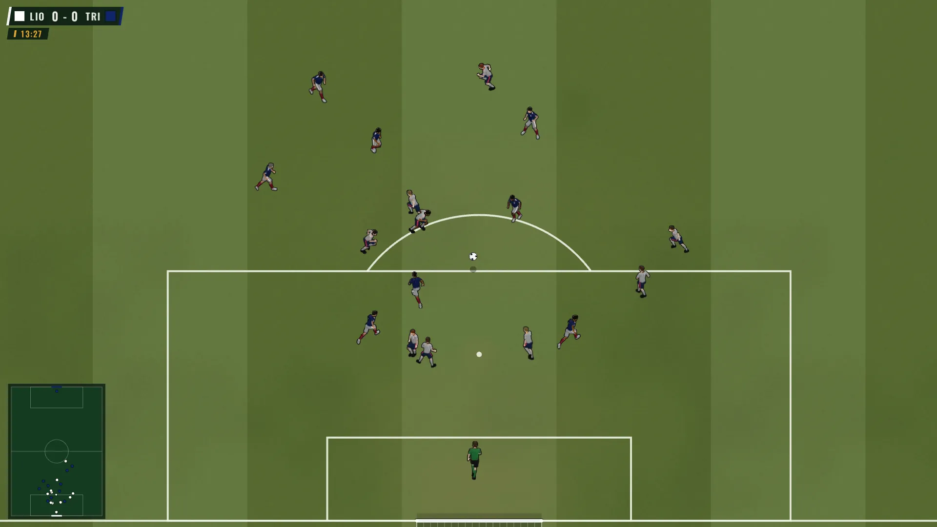Top-down view of an attack on the edge of the penalty area, white shirts pressing a blue defence with the scoreboard reading LIO 0-0 TRI