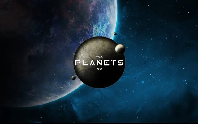 The Planets Nu start screen: a blue-lit planet against a starfield, with the VGA Planets Nu logo over it.