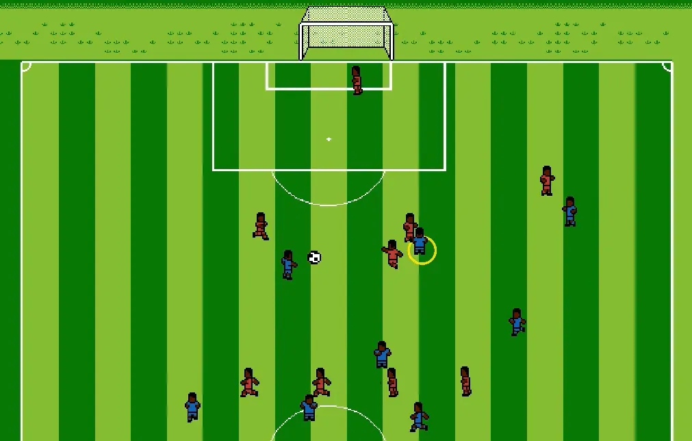 The LOWBLOCK prototype in play: a top-down pixel-art pitch with red and blue teams, the ball loose in front of the penalty area and the controlled player ringed in yellow.
