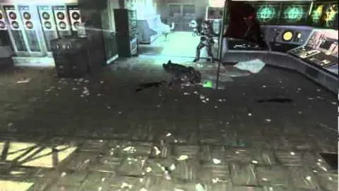 A firefight inside a control room lined with computer banks, debris strewn across the floor.