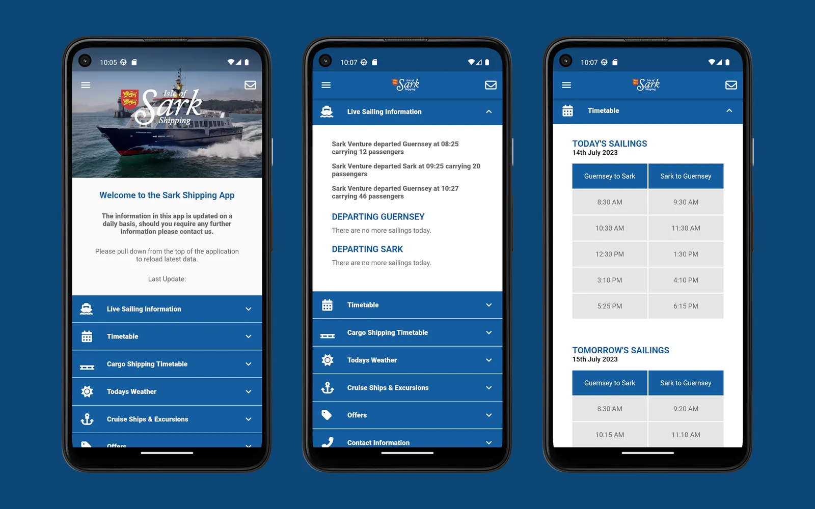 Three Android phones side by side: the home screen with the Isle of Sark Shipping wordmark over a photograph of the Corsaire de Sercq and a list of collapsed rows, the live sailing information panel, and today and tomorrow sailings as two-column timetables