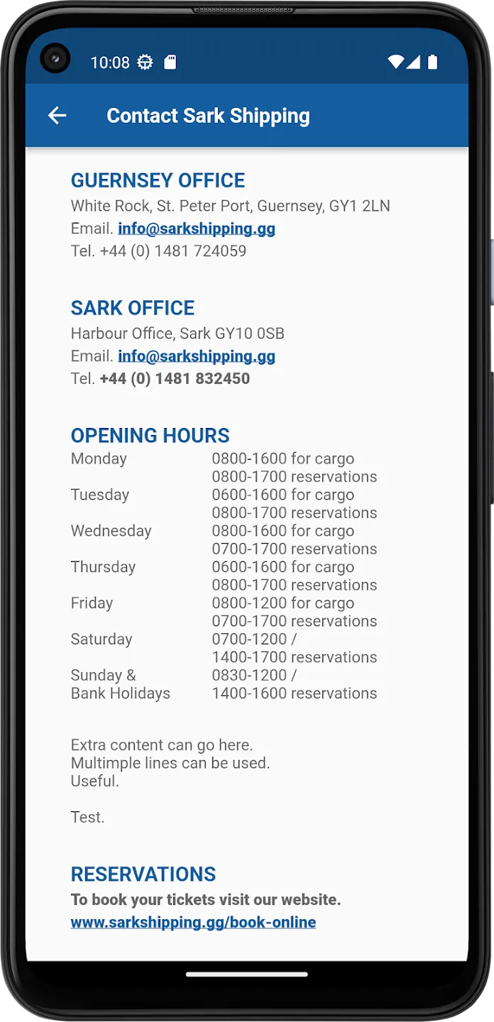 The contact screen: addresses, emails and phone numbers for the Guernsey and Sark offices, opening hours split between cargo and reservations, and a link for booking online