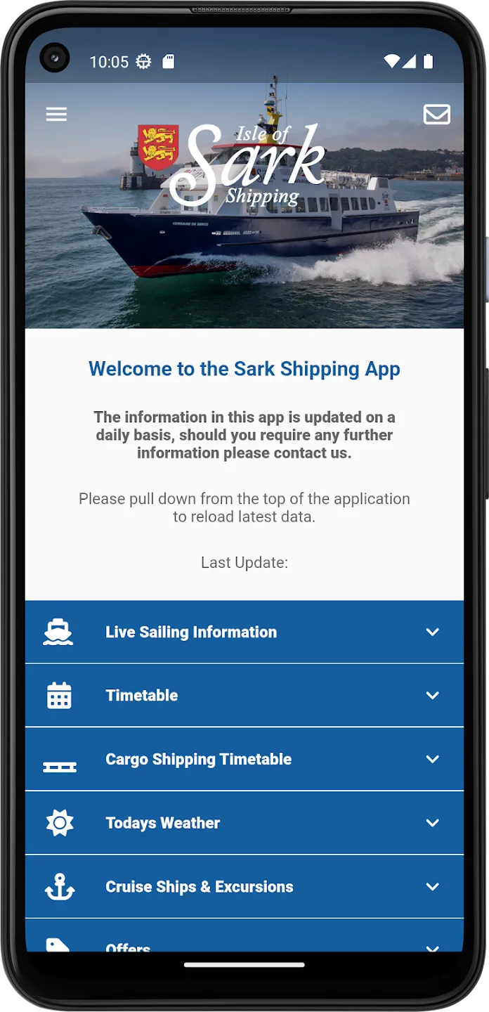 The home screen: the Isle of Sark Shipping wordmark over a photograph of the Corsaire de Sercq under way, a welcome message, and a list of collapsed rows for live sailing information, timetable, cargo, weather, cruise ships and offers