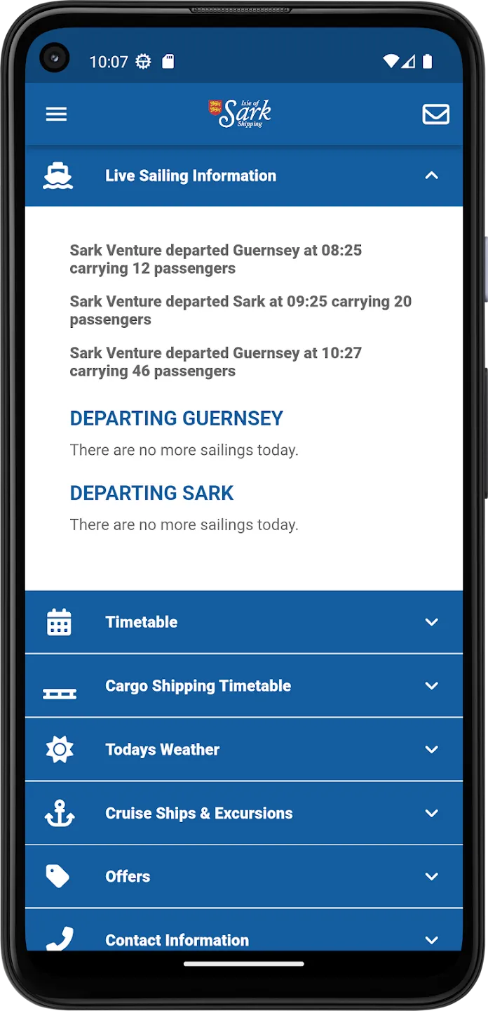Live sailing information: three service messages recording which vessel left which island at what time and with how many passengers, then the next departures from Guernsey and Sark