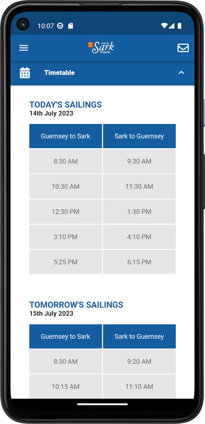 Today’s and tomorrow’s sailings, each as a two-column table of times headed Guernsey to Sark and Sark to Guernsey
