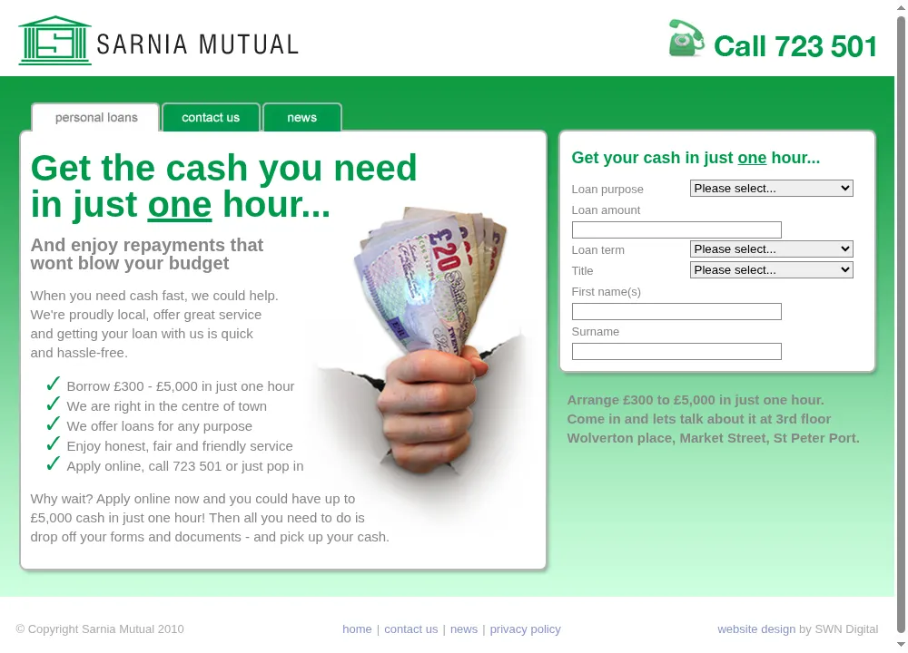 The Sarnia Mutual homepage: "Get the cash you need in just one hour", a list of reasons to apply, a photo of a hand holding banknotes, and a loan application form down the right-hand side