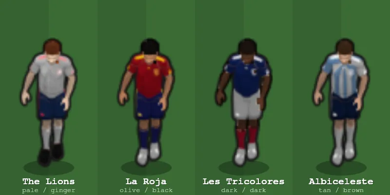 Four LOWBLOCK players stood on the grass in different strips — The Lions in white, La Roja in red, Les Tricolores in blue and Albiceleste in sky blue stripes — each labelled with its team name and the skin and hair colours it was drawn with.