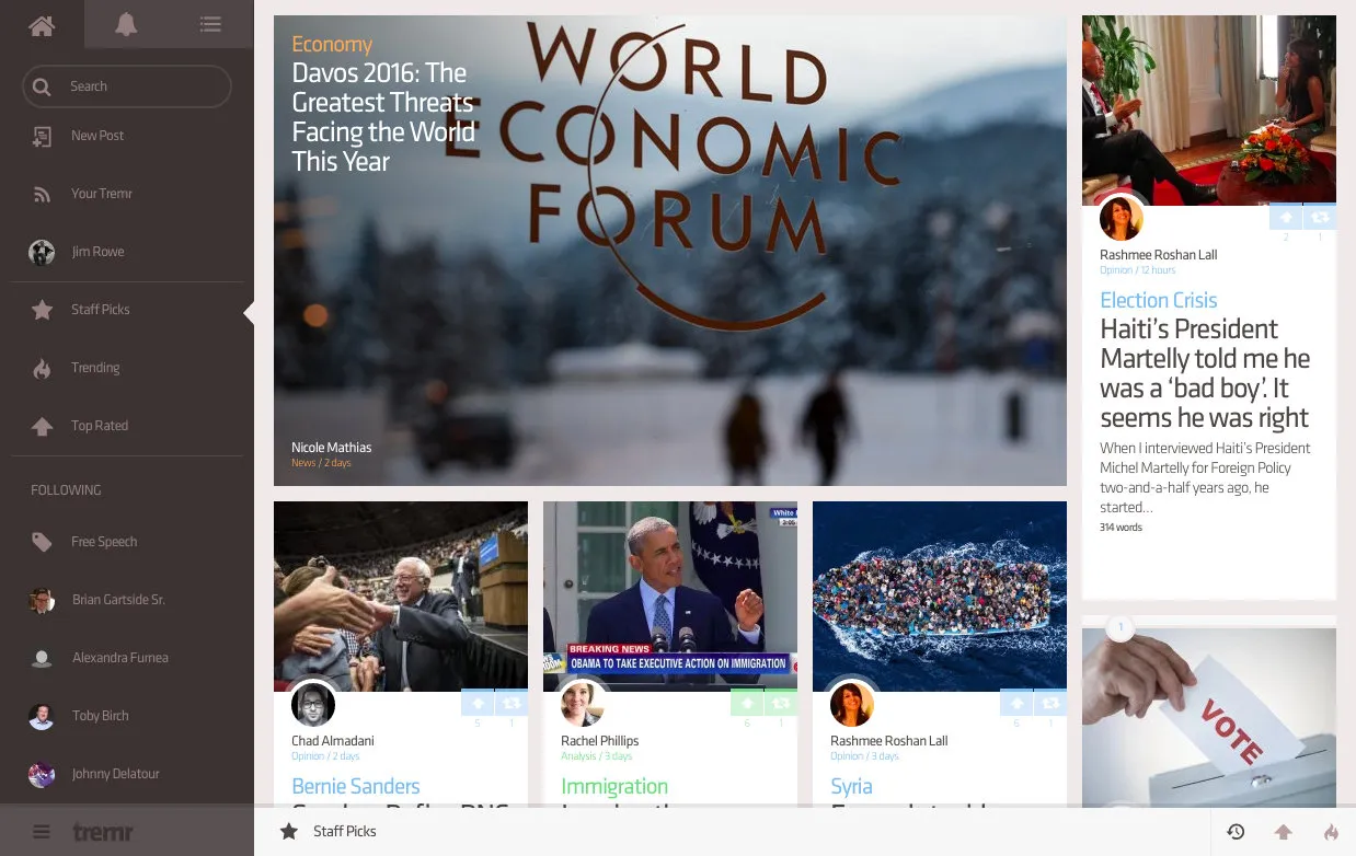 The Tremr home feed, showing posts from multiple contributors