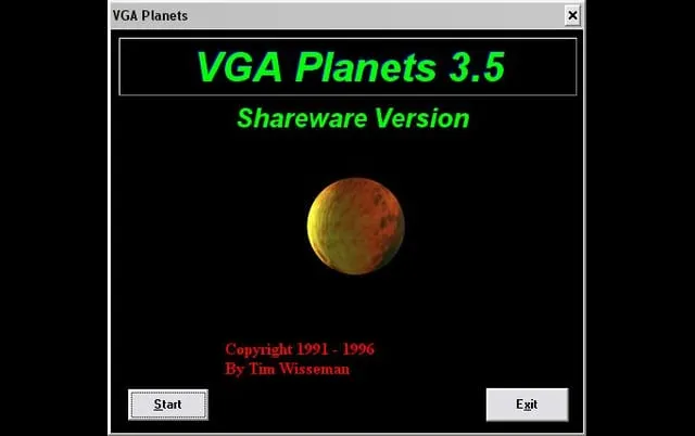 The VGA Planets splash screen on black: the title in green over a small red-and-yellow planet, copyright 1991-1996 by Tim Wisseman, with Start and Exit buttons.