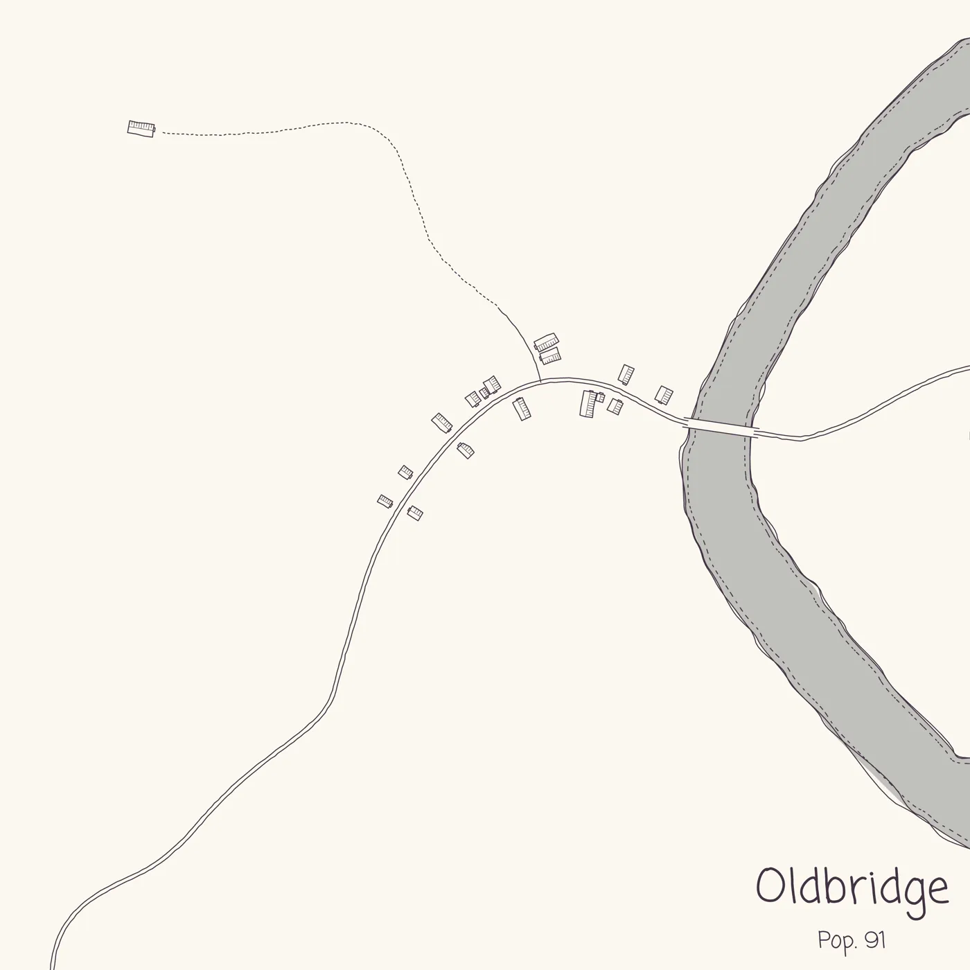 The generated map for Oldbridge, population 91 — a scatter of buildings along a curving road where it crosses a river