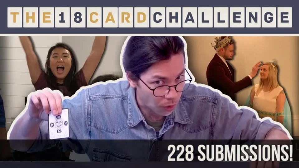 A man holding up a single card to camera, captioned "228 submissions!"
