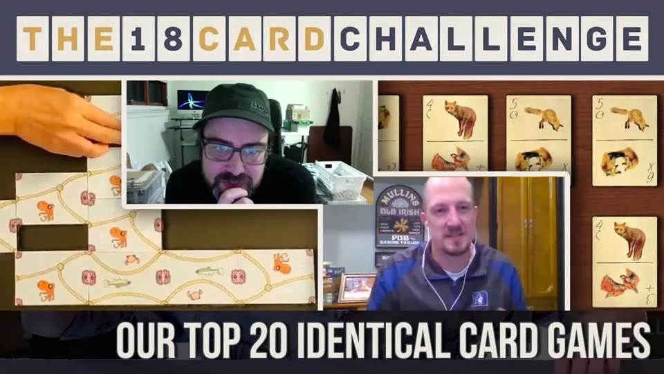A hand laying out cards on a table beside two men on video call, captioned "Our top 20 identical card games"